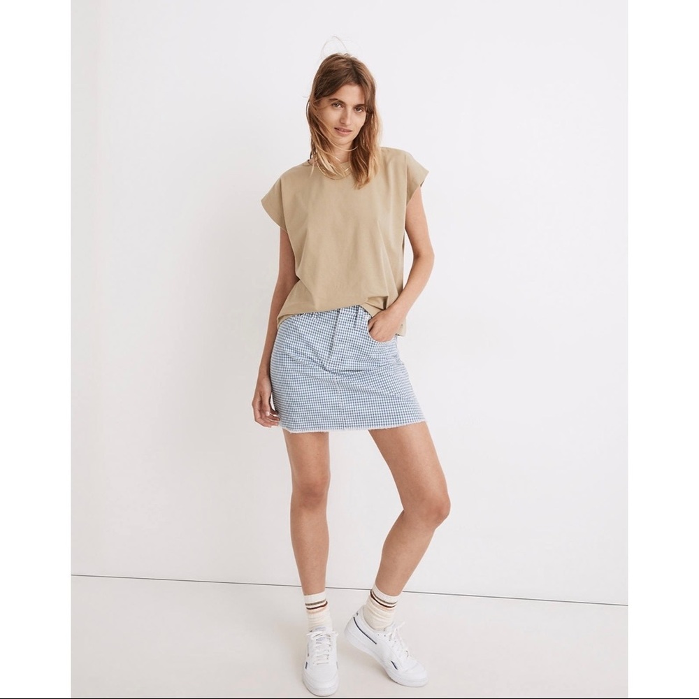 NWT Madewell Stretch Denim Straight Mini Skirt Gingham Raw-Hem Women 31 Waist